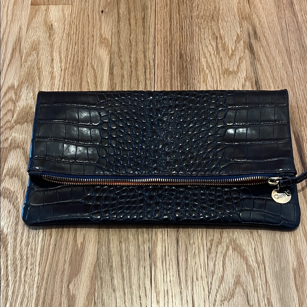 Clare V Navy Crocodile Embossed Clutch